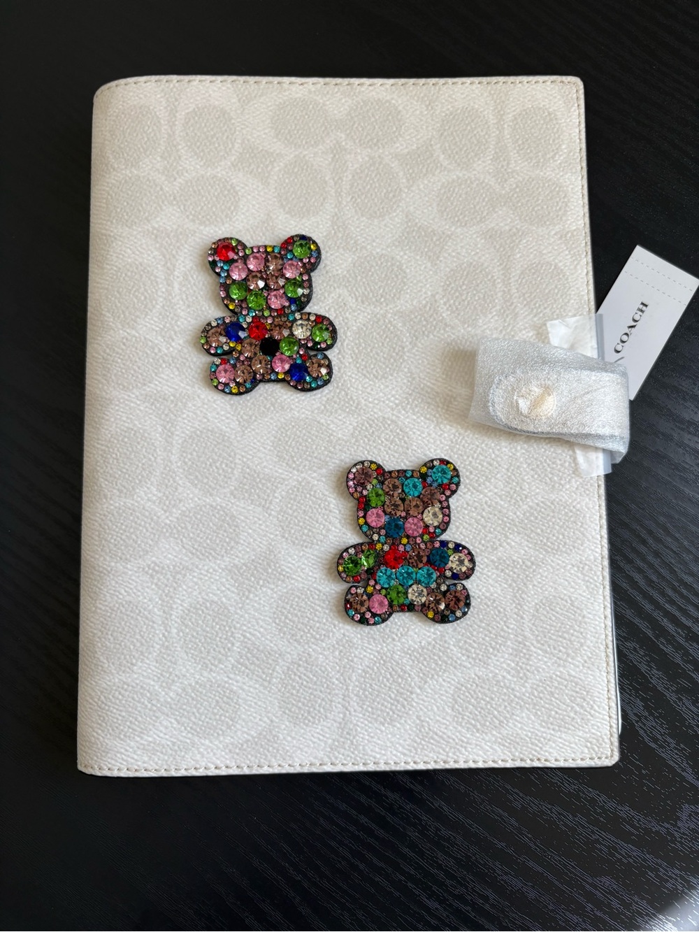 Coach White Signature Notebook with Multicolor Gem Teddy Patches